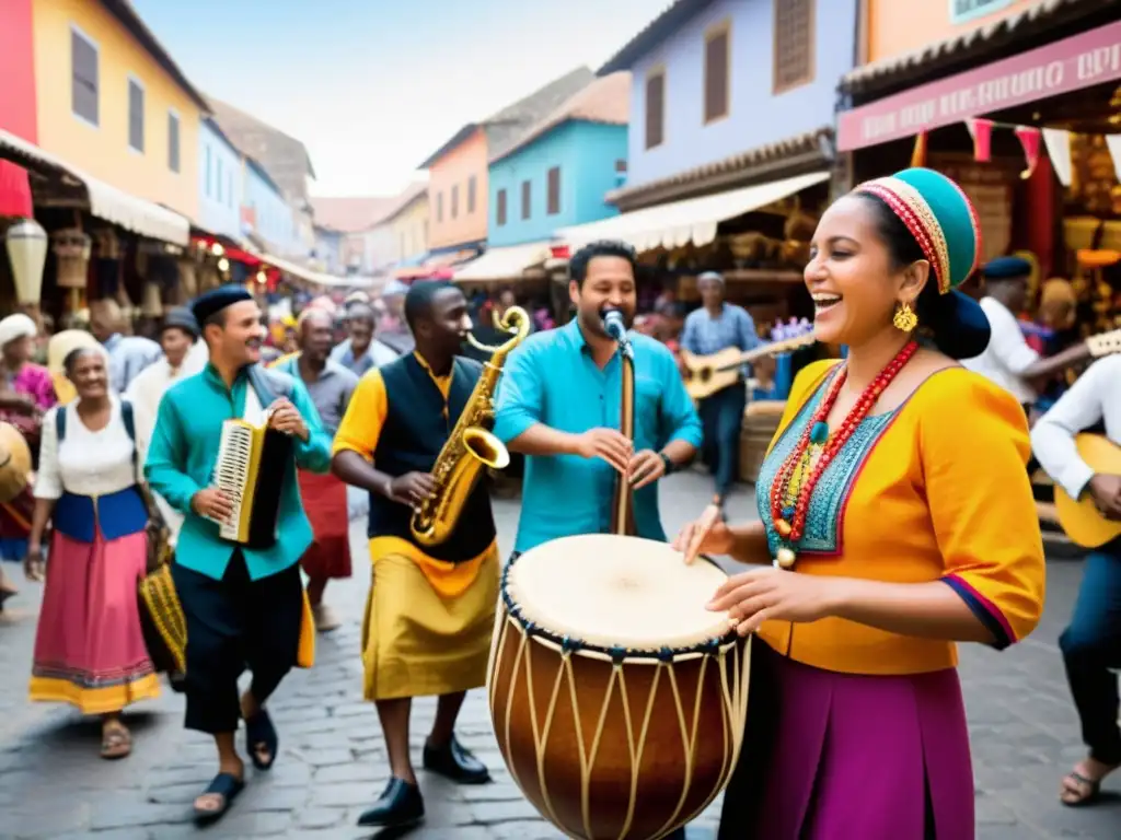 Músicos de distintas culturas tocan instrumentos tradicionales en un bullicioso mercado, reflejando la experiencia migratoria a través de la música