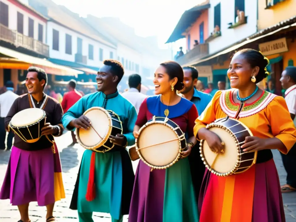 Músicos tocan gaita en mercado bullicioso, vistiendo trajes coloridos