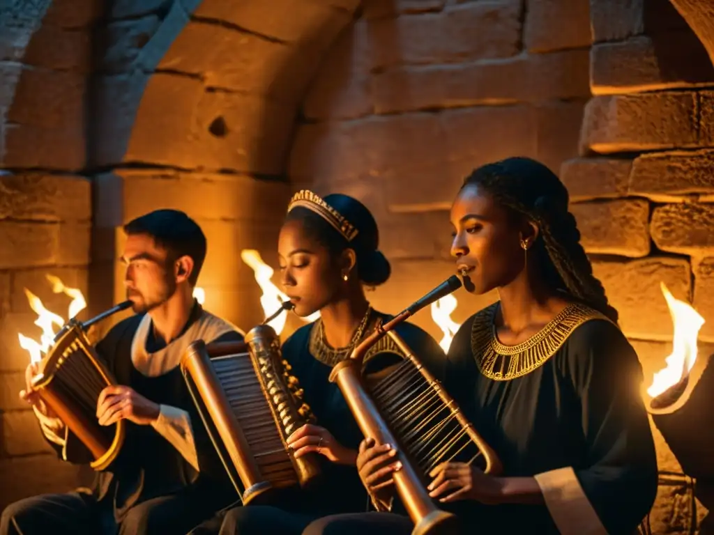 Músicos tocando instrumentos antiguos en una cámara iluminada por antorchas