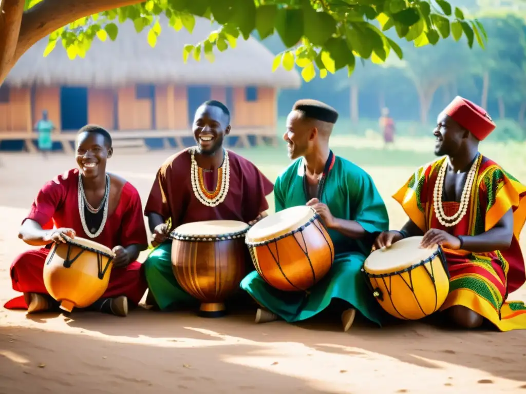 Músicos de Guinea tocando instrumentos de madera tradicionales al aire libre, capturando la energía de su actuación