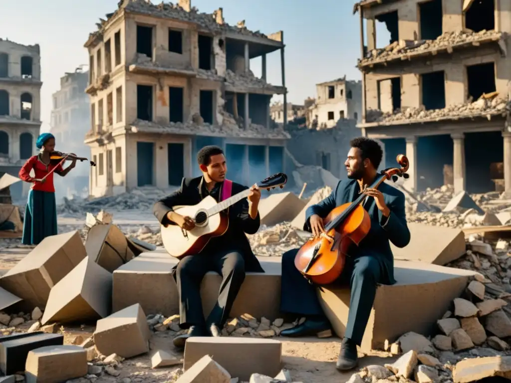 Músicos tocan instrumentos tradicionales entre escombros en tiempos de guerra, mostrando la resiliencia cultural