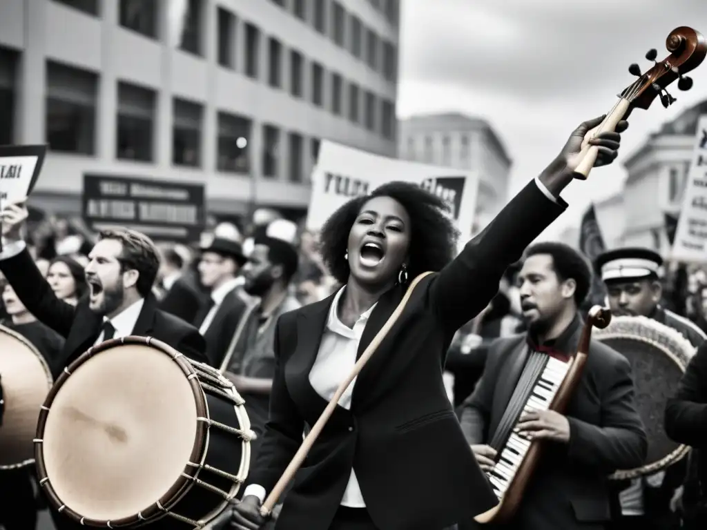 Músicos tocando instrumentos tradicionales en protesta, transmitiendo pasión y determinación