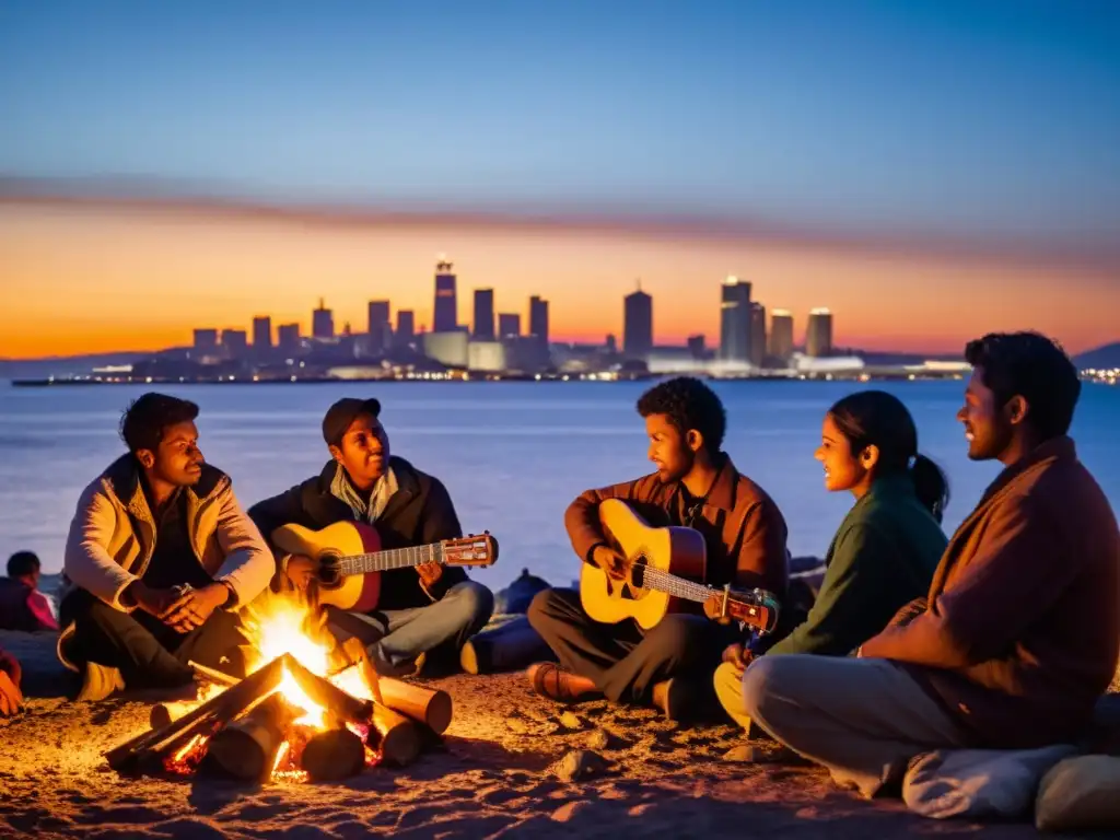 Músicos migrantes alrededor de una fogata, tocando instrumentos tradicionales y cantando apasionadamente, con la ciudad de fondo