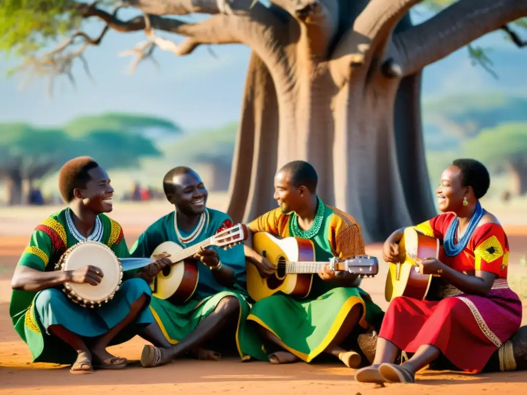 Músicos mozambiqueños tocan el chitende bajo un baobab, en la historia del chitende en Mozambique