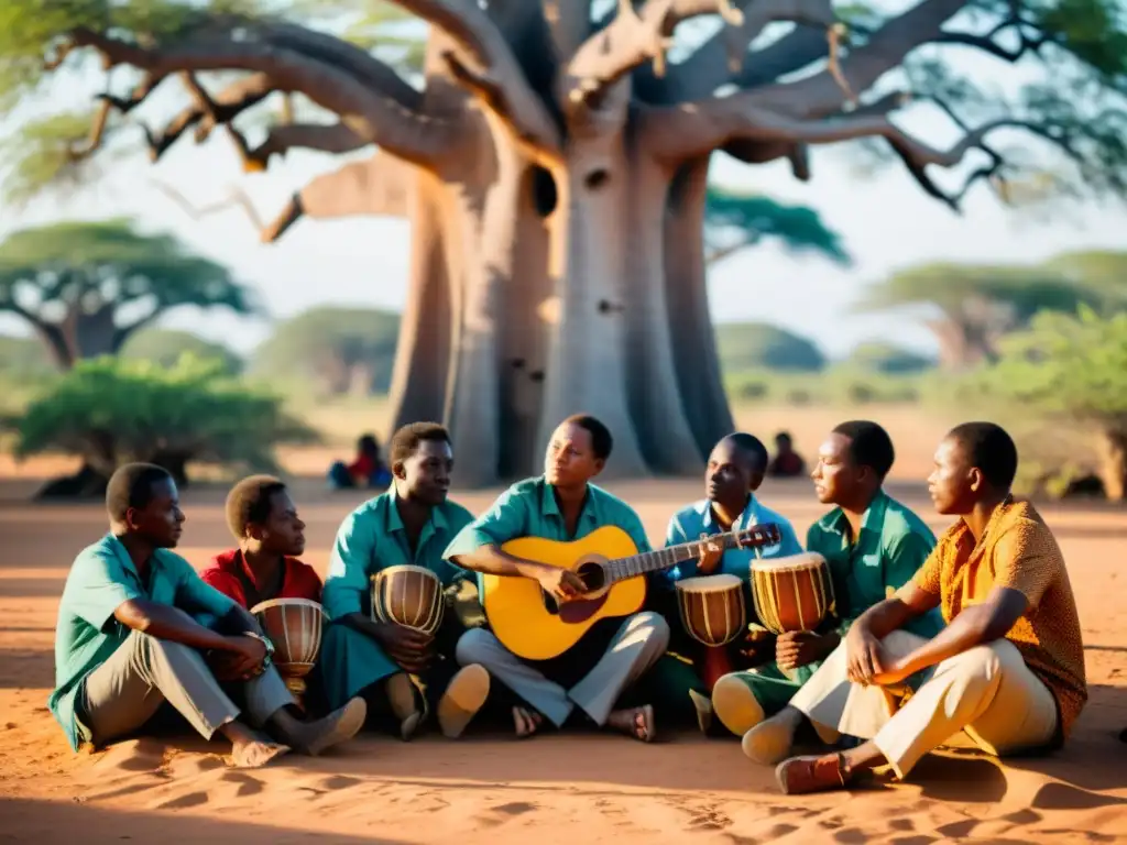 Músicos mozambiqueños tocan chitende bajo un baobab, reflejando la rica historia del chitende en Mozambique