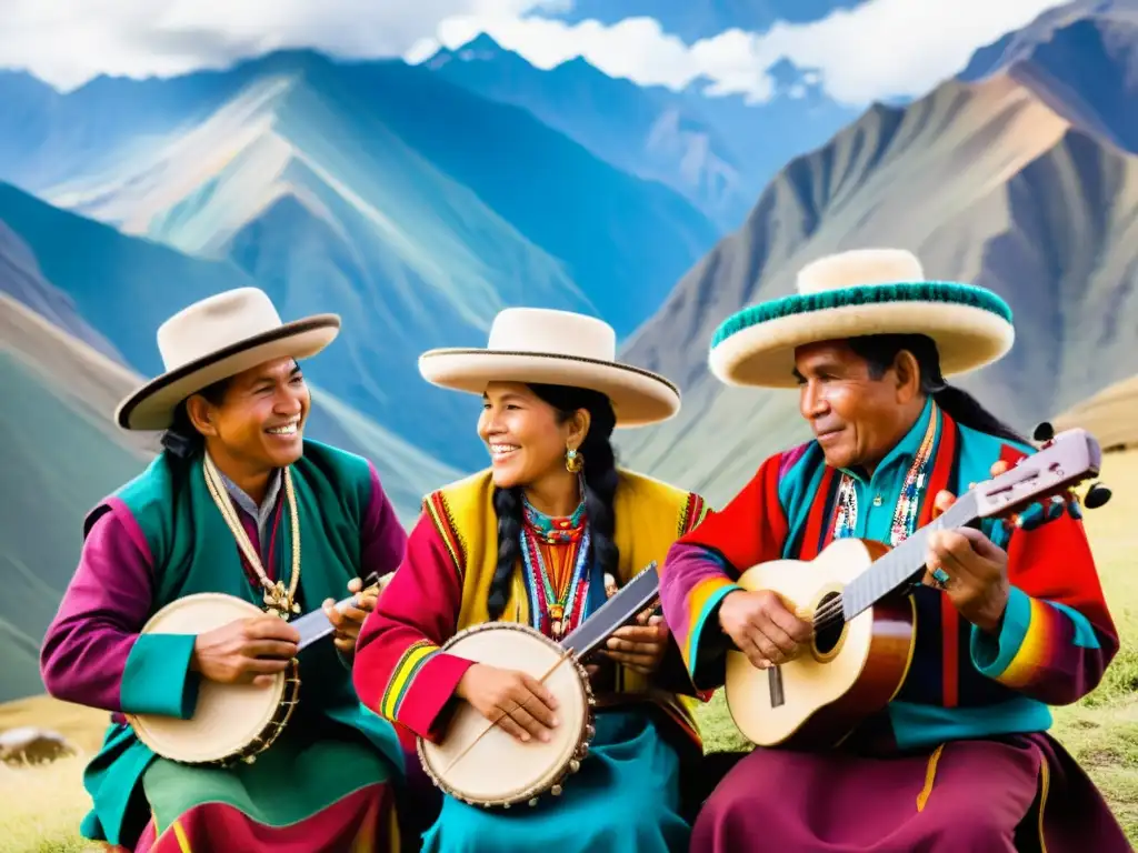 Músicos peruanos interpretando instrumentos tradicionales con intensidad frente a los Andes
