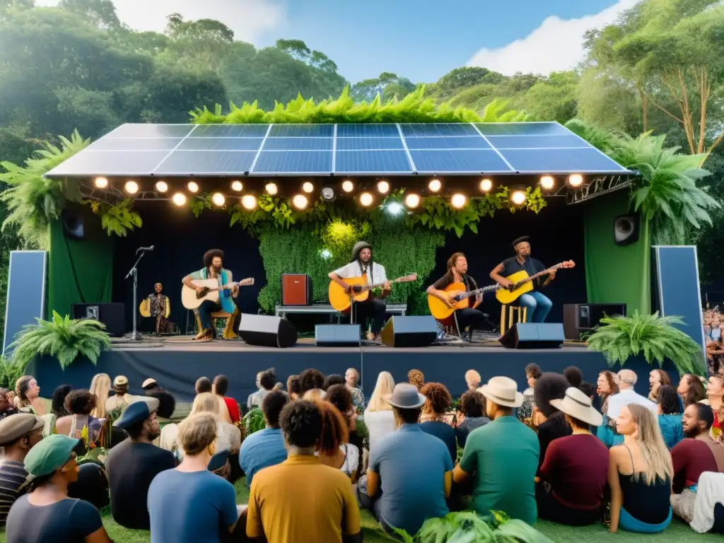 Músicos promueven sostenibilidad mundial: Concierto en escenario ecológico rodeado de naturaleza y público diverso, transmitiendo esperanza y unidad