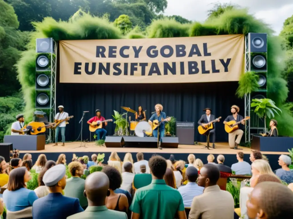 Músicos promueven sostenibilidad mundial en concierto ecoamigable rodeados de naturaleza y paneles solares, inspirando cambio positivo