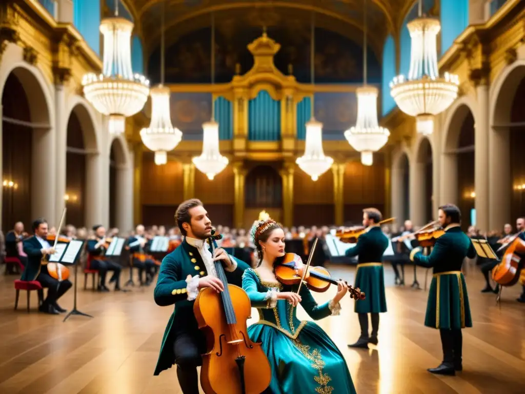 'Músicos en trajes históricos interpretando pieza barroca en majestuoso salón