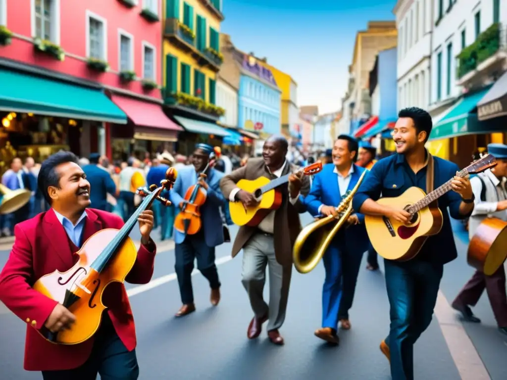 Músicos urbanos tocan instrumentos tradicionales en bulliciosa calle