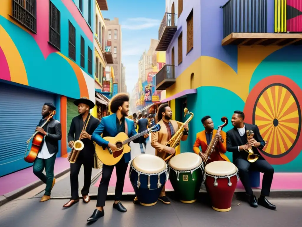 Grabación de músicos urbanos con instrumentos tradicionales en una bulliciosa calle, reflejo auténtico y dinámico de la cultura musical urbana