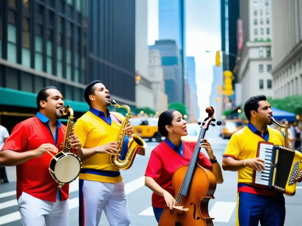 Músicos venezolanos llevando su música a las calles de Nueva York, mostrando la expansión internacional de la música venezolana