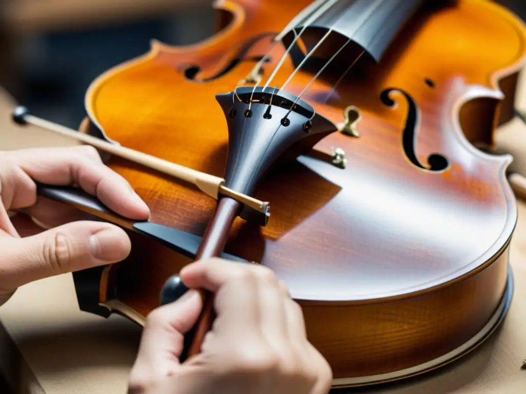 Nanotecnología en la lutería: Detallada artesanía de un violín Stradivarius en un taller, resaltando la fusión de tradición y tecnología