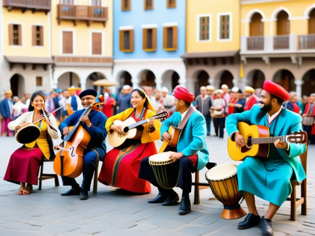 Narrativa social música folclórica: Músicos animados en plaza llena de cultura y alegría