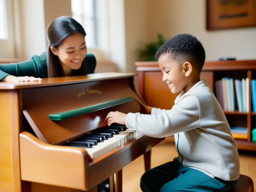 Un niño concentrado toca un piano de juguete mientras un profesor lo guía con cariño