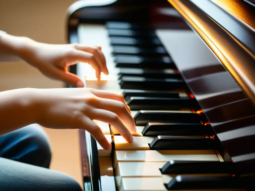 Un niño toca con delicadeza un piano de cola para niños, mientras su profesor le guía con ternura