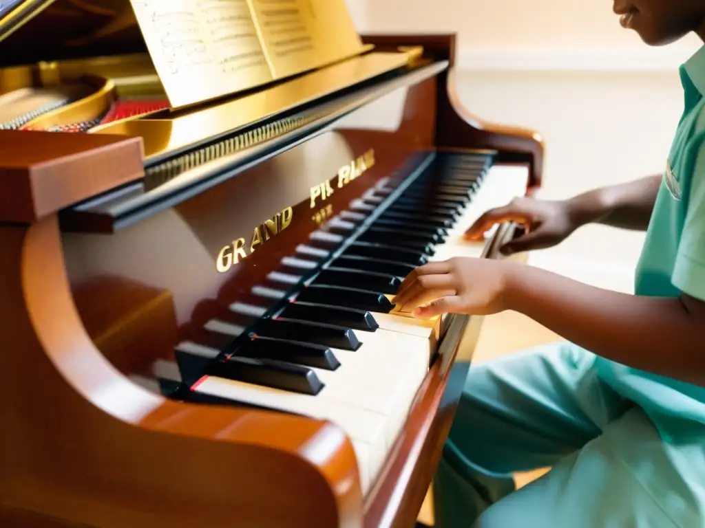 Un niño toca el piano de cola mientras su instructor lo guía con cariño, creando un ambiente de música y aprendizaje para niños