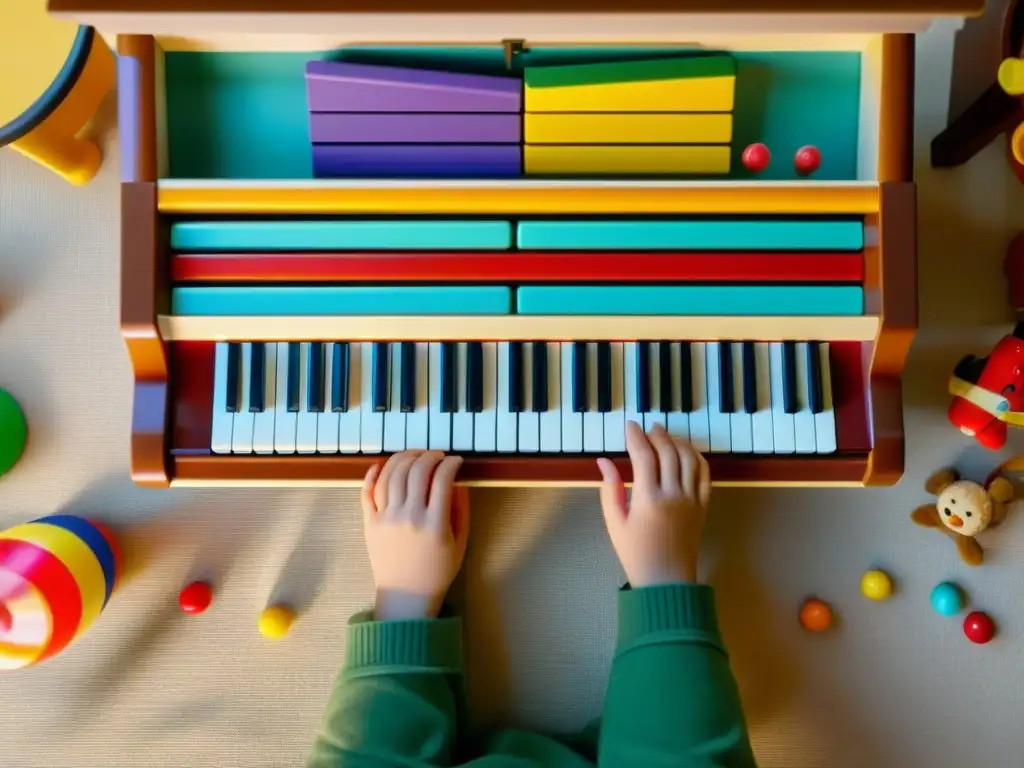 Un niño toca un piano de juguete colorido con expresión de alegría, rodeado de juguetes y materiales educativos, creando un ambiente cálido y acogedor