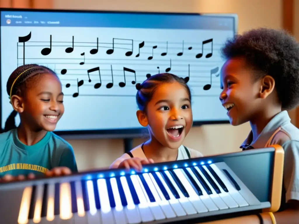 Niños de diferentes culturas tocan instrumentos en una clase de educación musical online global, conectando a través de la pantalla