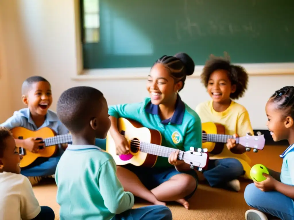 Niños felices tocando el ukelele en clase, con el sol de la mañana iluminando la escena