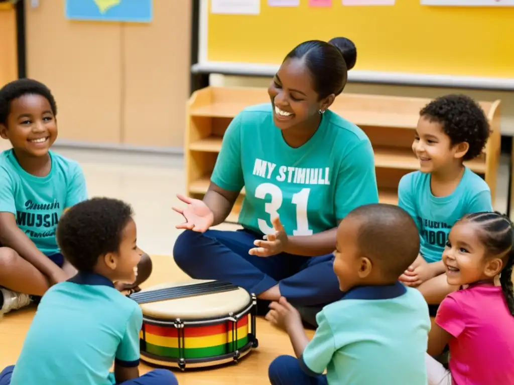 Niños felices tocando instrumentos musicales en un ambiente de aprendizaje estimulante