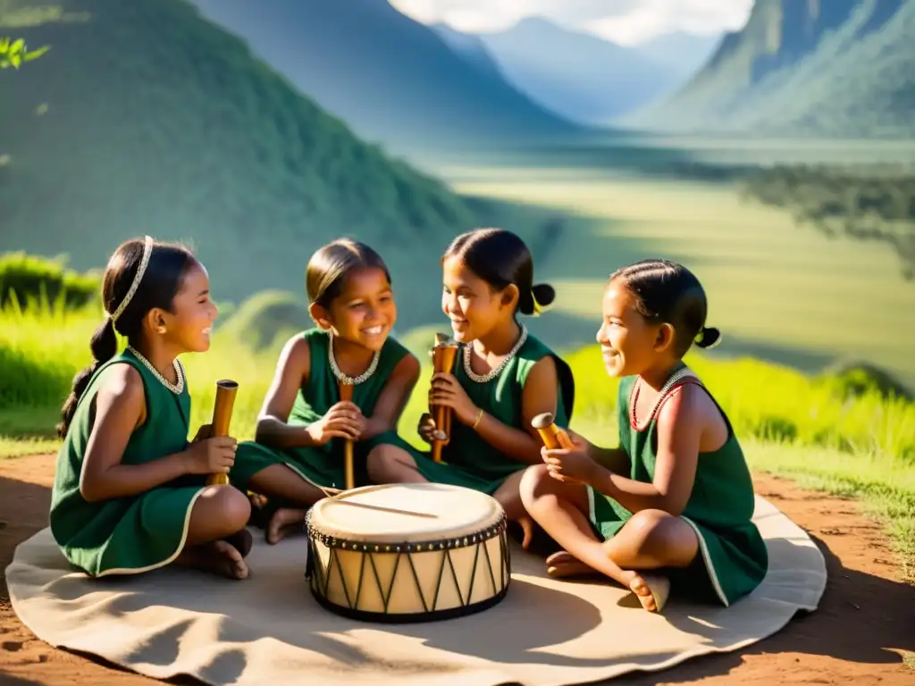 Niños indígenas preservando su cultura a través de la educación musical, tocando instrumentos tradicionales en un hermoso paisaje al atardecer