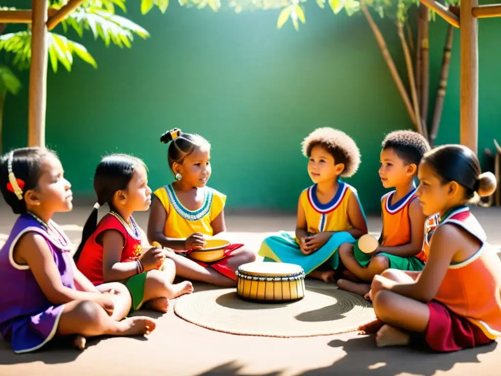 Niños indígenas participando en una lección de música tradicional, promoviendo la Preservación de la Cultura a Través de la Educación Musical