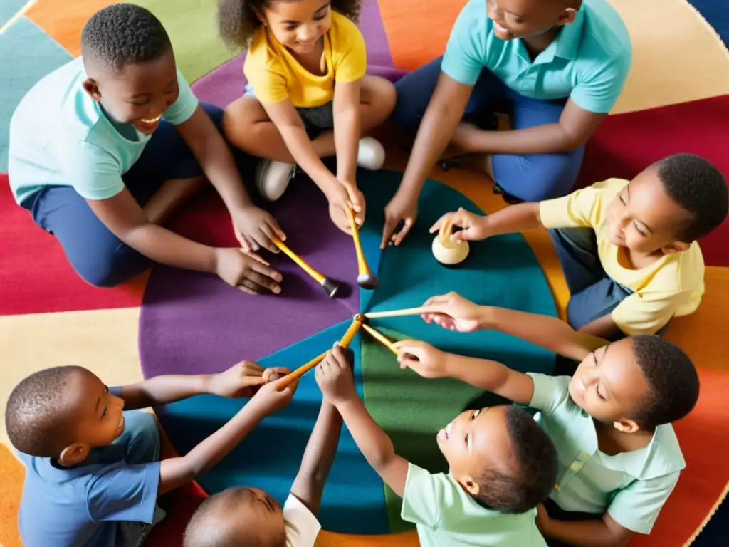 Niños explorando instrumentos musicales en círculo, destacan colores vibrantes