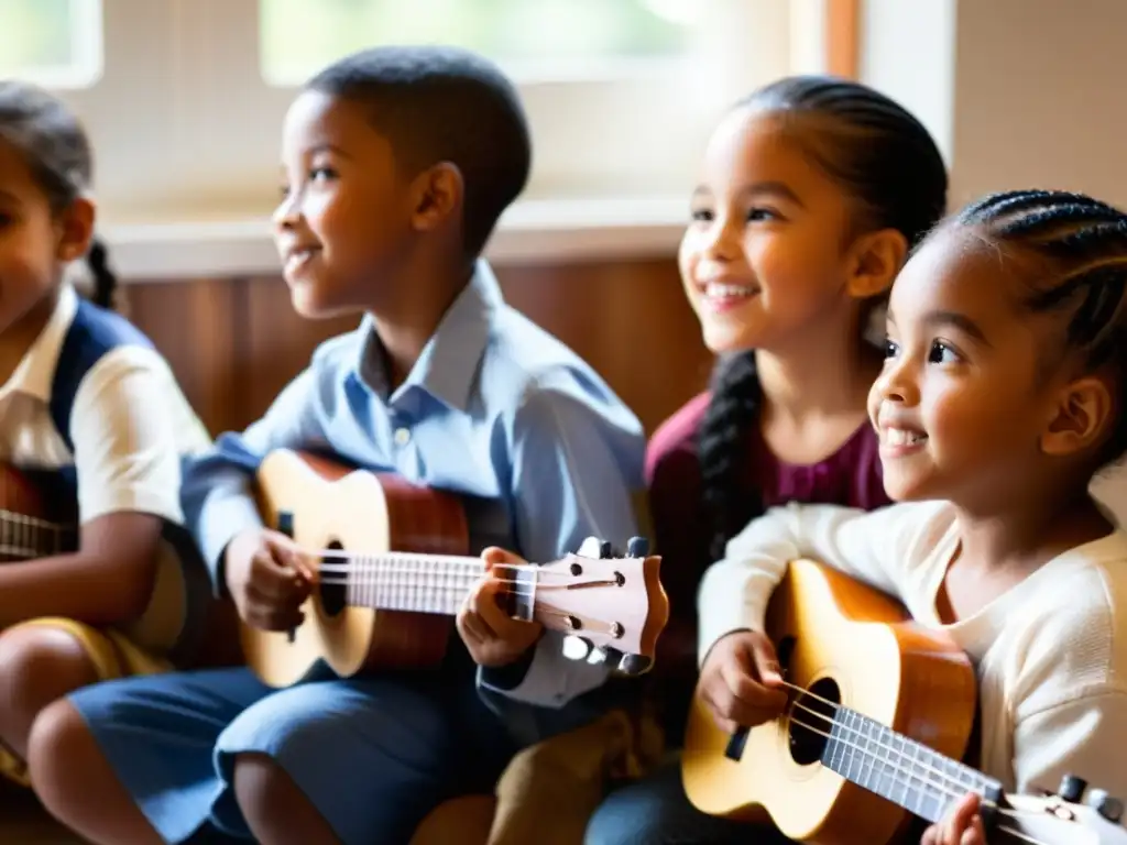 Diversos niños tocan el ukelele juntos en círculo, mostrando la importancia educativa del ukelele en un ambiente cálido y diverso