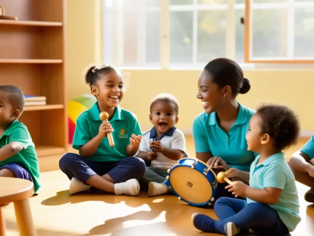 Niños preescolares exploran instrumentos musicales en círculo