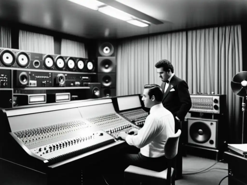 Una nostálgica fotografía en blanco y negro de músicos y técnicos trabajando en un estudio de grabación de la 'Época de Oro'