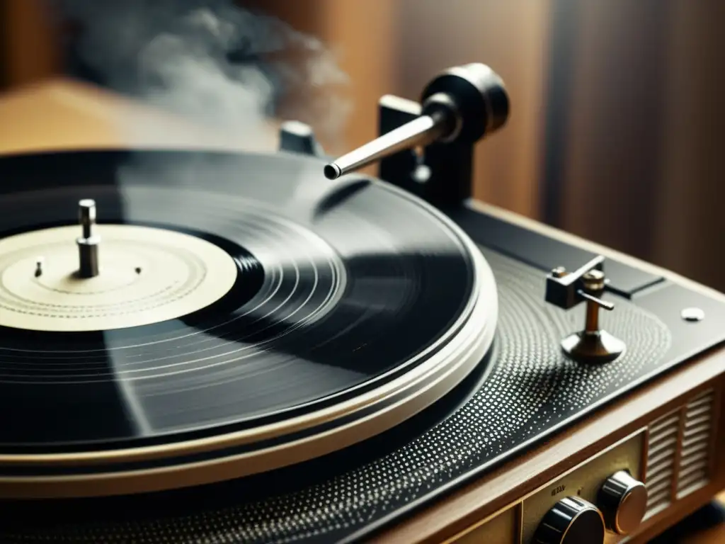 Una nostálgica imagen en blanco y negro de un tocadiscos vintage, con partículas de polvo en el aire y la aguja reposando en un disco de vinilo