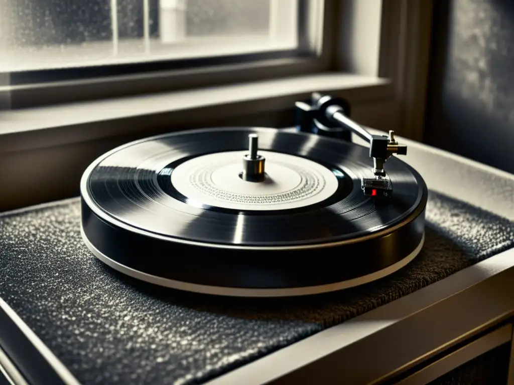 Una nostálgica imagen en blanco y negro de un tocadiscos vintage cubierto de polvo, con una aguja reposando en un disco de vinilo desgastado