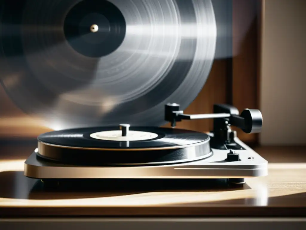 Una nostálgica imagen en blanco y negro de un tocadiscos vintage con un vinilo girando, iluminado por una suave luz