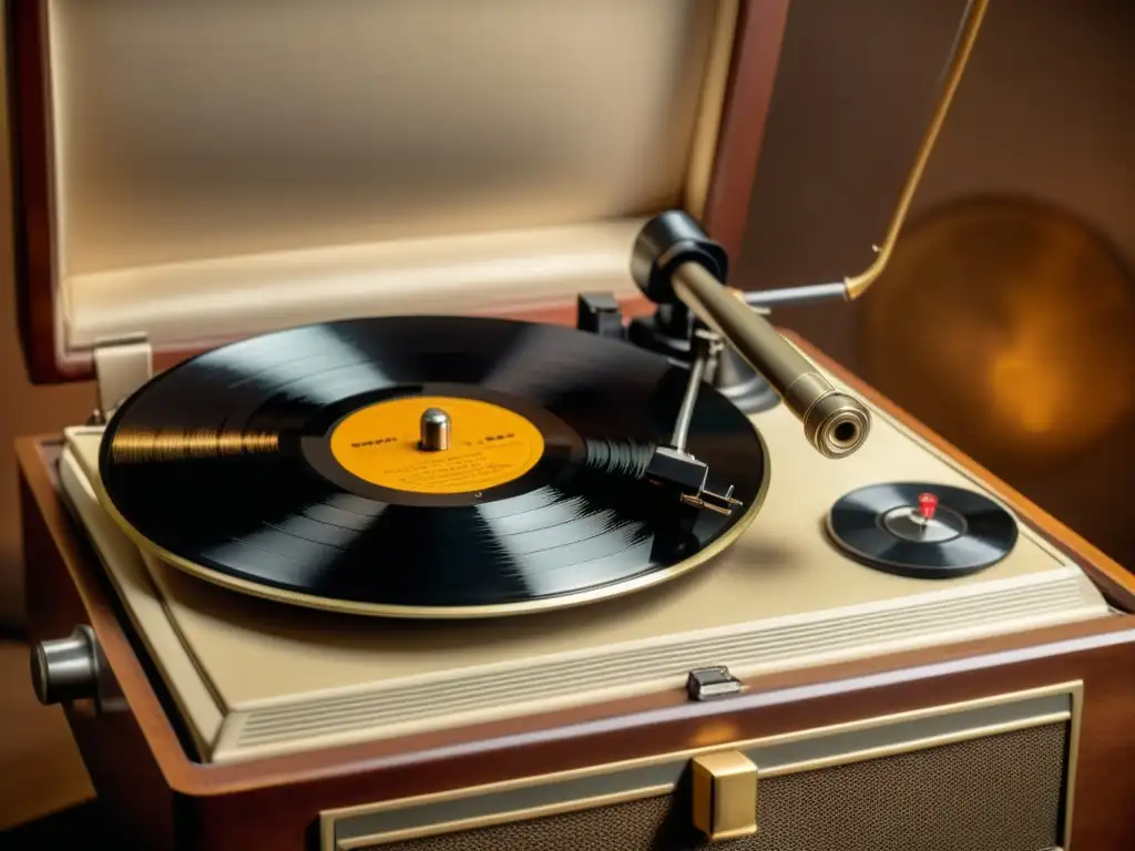 Una nostálgica imagen documental de un fonógrafo vintage rodeado de instrumentos musicales antiguos, evocando la restauración de grabaciones antiguas de instrumentos con su cálida paleta sepia