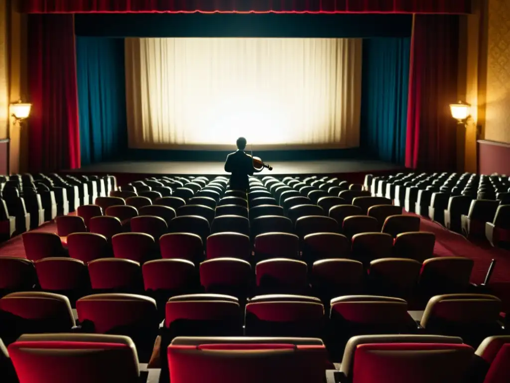 Un nostálgico teatro con asientos vacíos, proyector y músico tocando un instrumento en penumbra