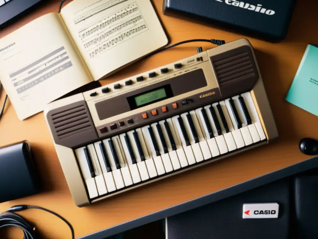 Un nostálgico teclado Casio SK1 vintage rodeado de cables y equipos musicales en una atmósfera cálida y lo-fi