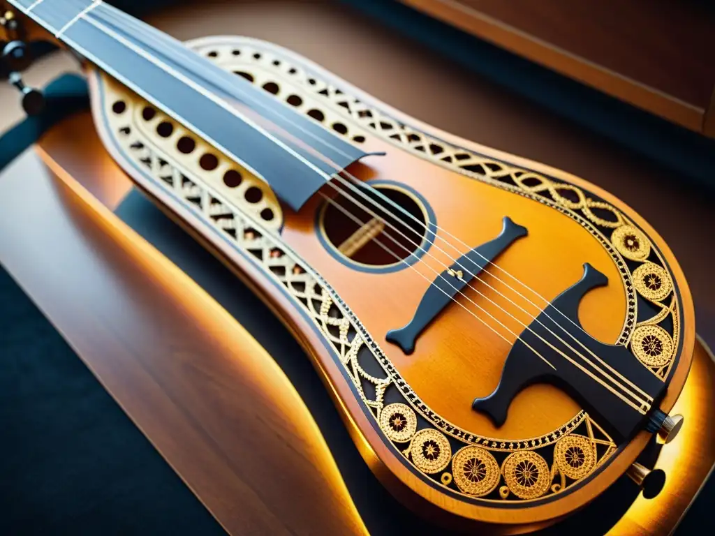 Una nyckelharpa sueca histórica, detallada, en un museo antiguo, resaltando su importancia cultural y rica artesanía