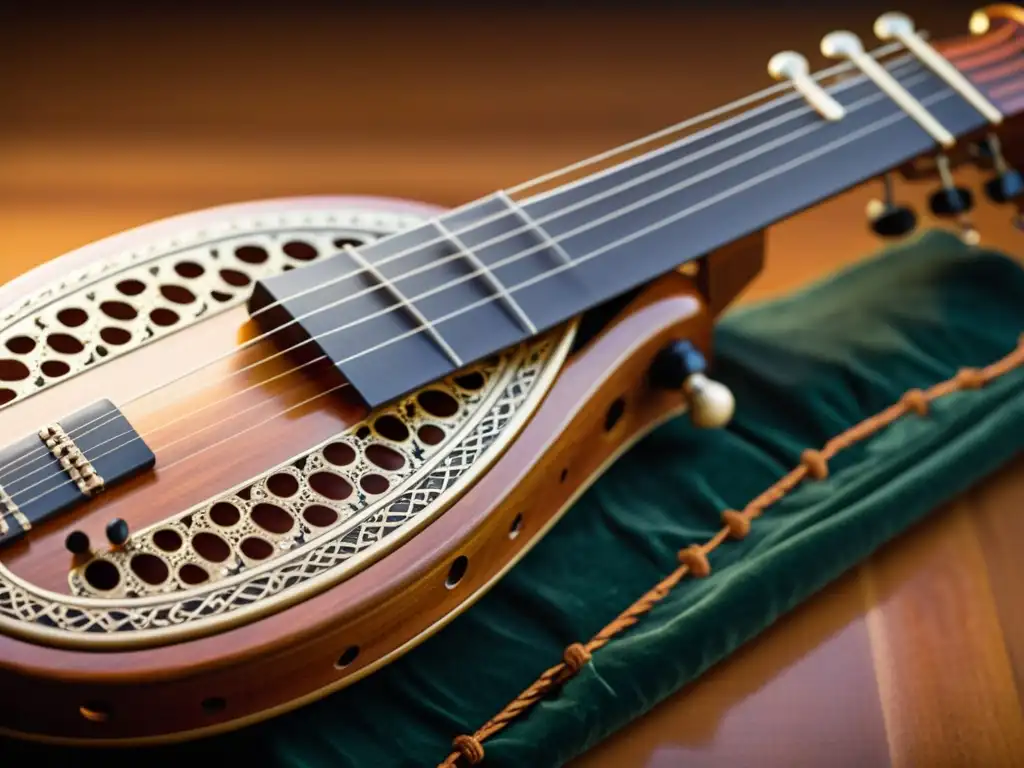 Un Nyckelharpa sueco con intrincados detalles tallados en madera, cuerdas delicadas y un mecanismo de llaves único