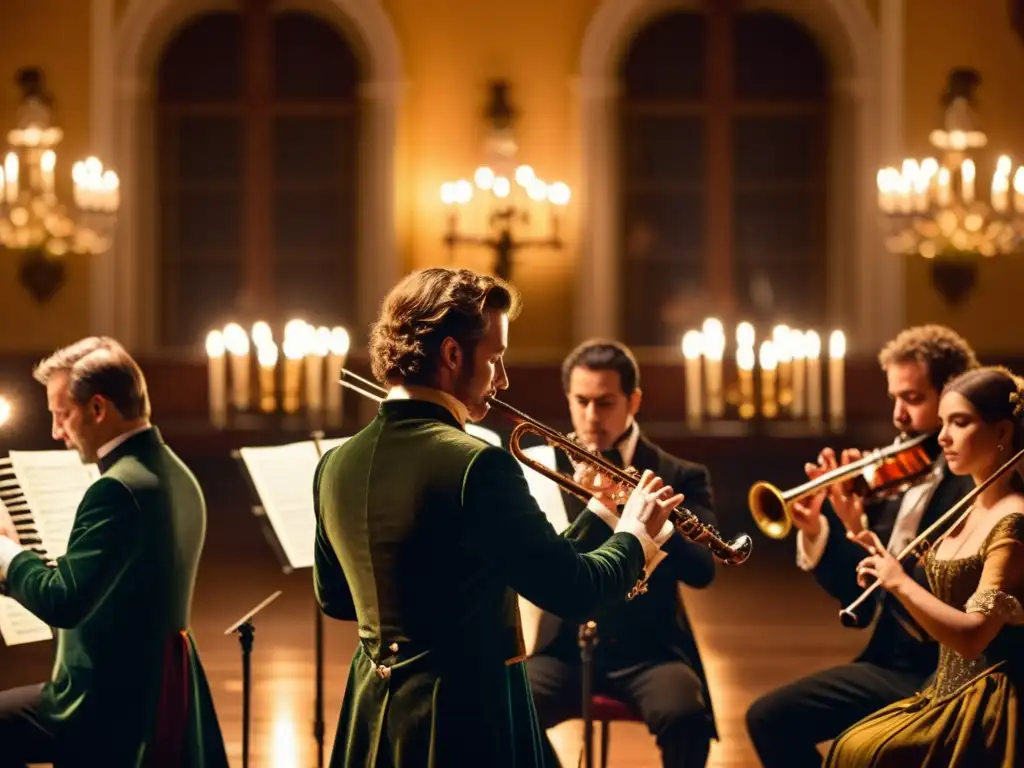 Un oboe da caccia destaca en una orquesta barroca, tocando apasionadamente bajo la cálida luz de las velas en un elegante salón de conciertos