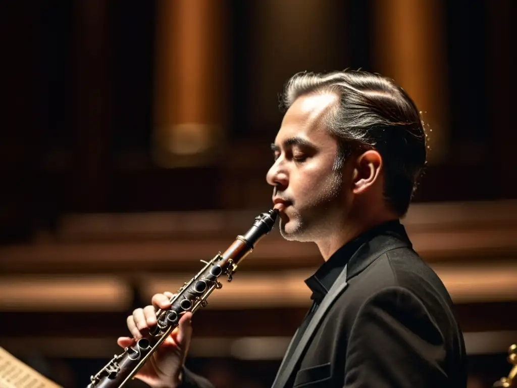 Un oboísta experto toca el oboe de amor en un elegante teatro iluminado, destacando las innovaciones técnicas del instrumento