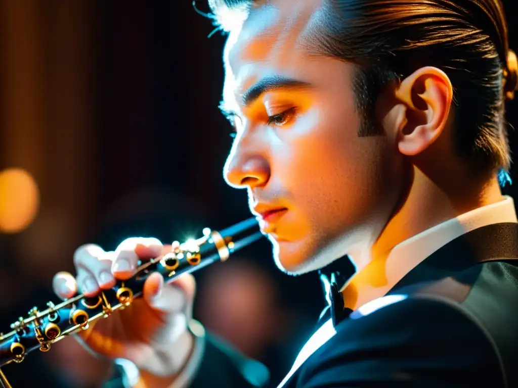 Intensidad y maestría: Oboísta en concierto Un oboísta experto interpreta con intensa concentración en una sinfonía
