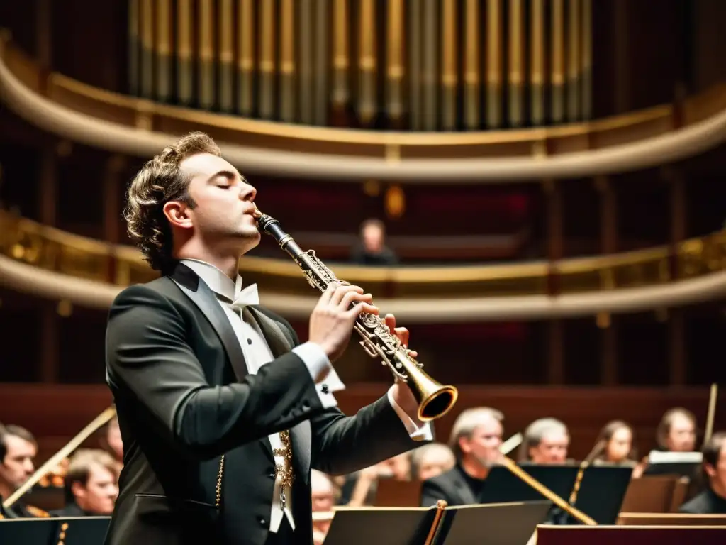 Un oboísta ejecuta con maestría su instrumento en un majestuoso auditorio, rodeado de la intensa energía de la orquesta