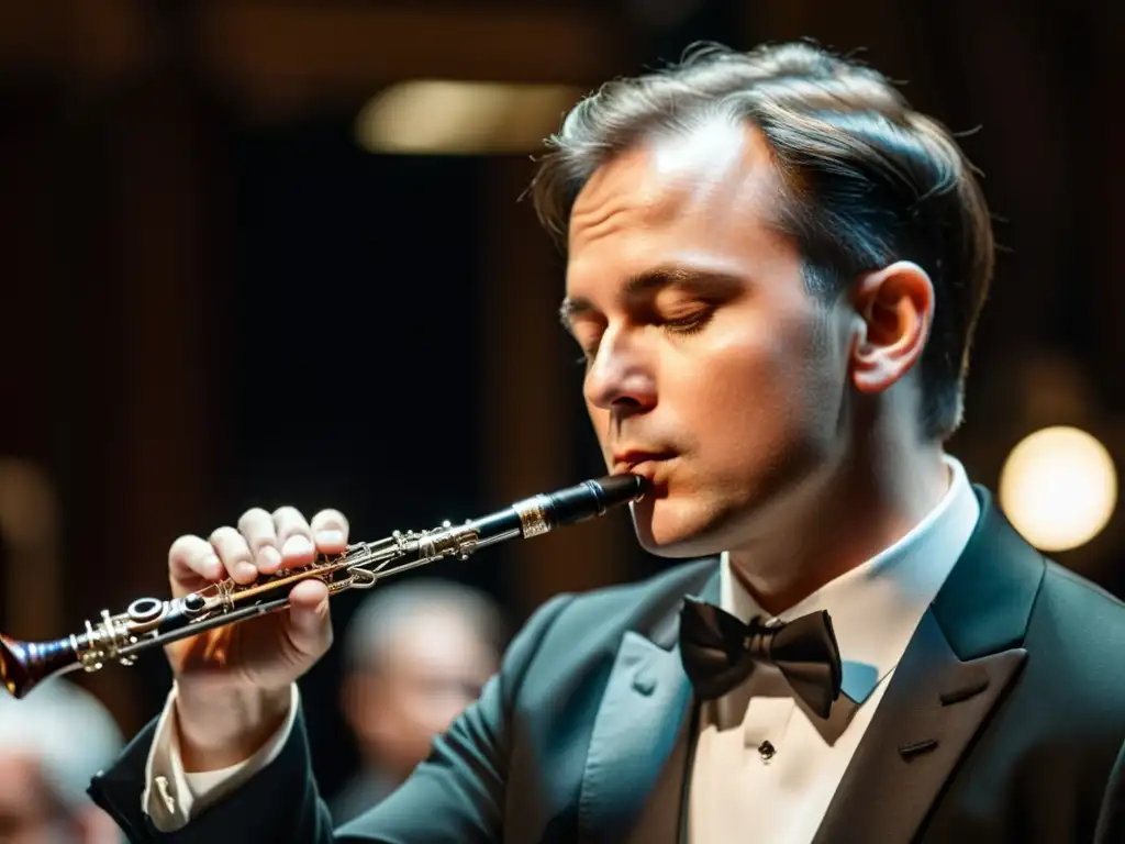 Intenso concierto de oboe en 8k Un oboísta profesional muestra pasión y concentración al interpretar el corno inglés en una orquesta, resaltando la técnica y emoción del instrumento