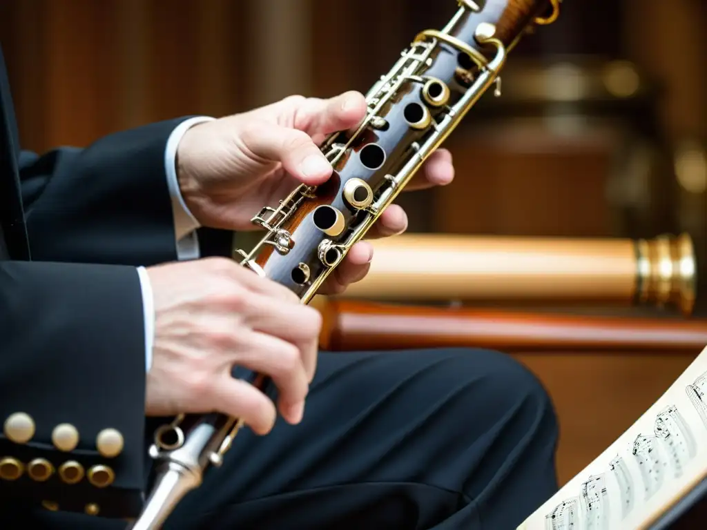 Maestría en la Oboe Inglesa: Arte y Precisión Un oboísta profesional toca con precisión el corno inglés en una orquesta, mostrando la técnica y la pasión musical