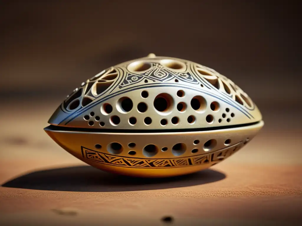 Una ocarina antigua, con intrincados símbolos y patrones, iluminada para resaltar su artesanía, evocando la historia del ocarina en la cultura