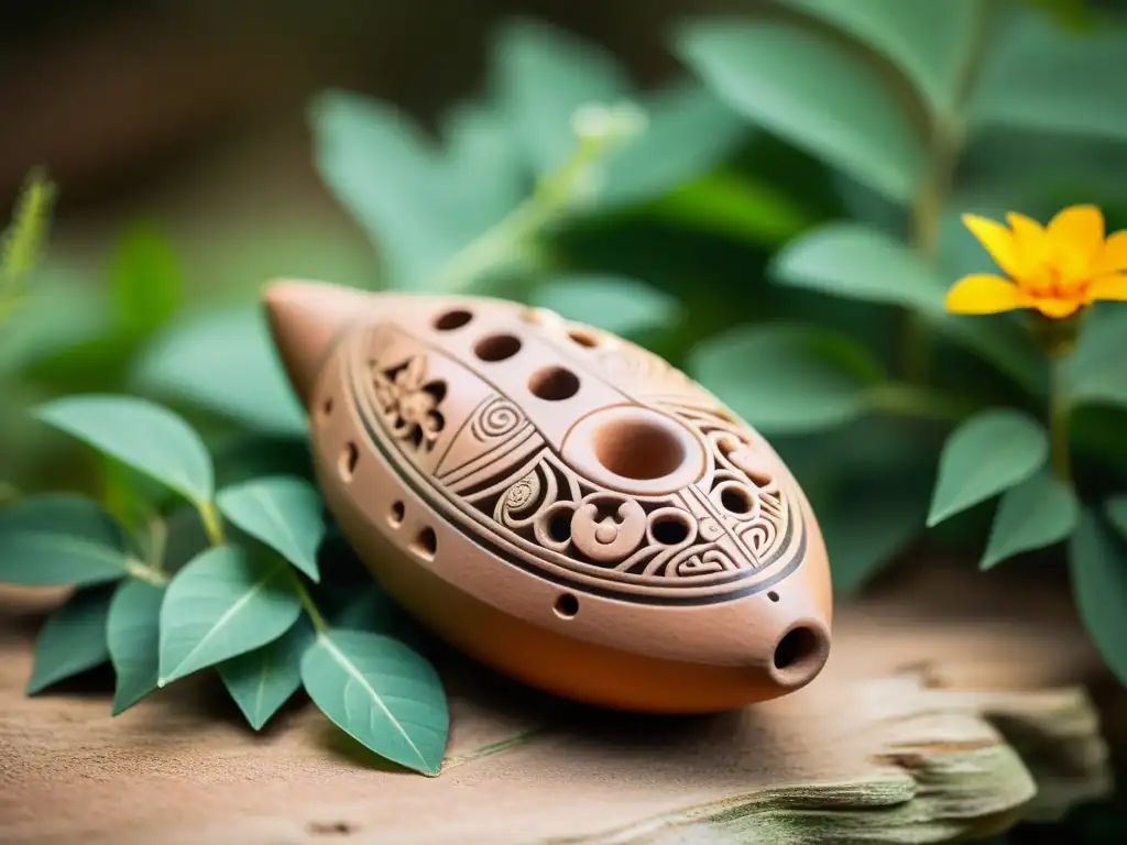 Una ocarina precolombina de arcilla, adornada con símbolos antiguos y figuras, reposa sobre hojas verdes y flores silvestres