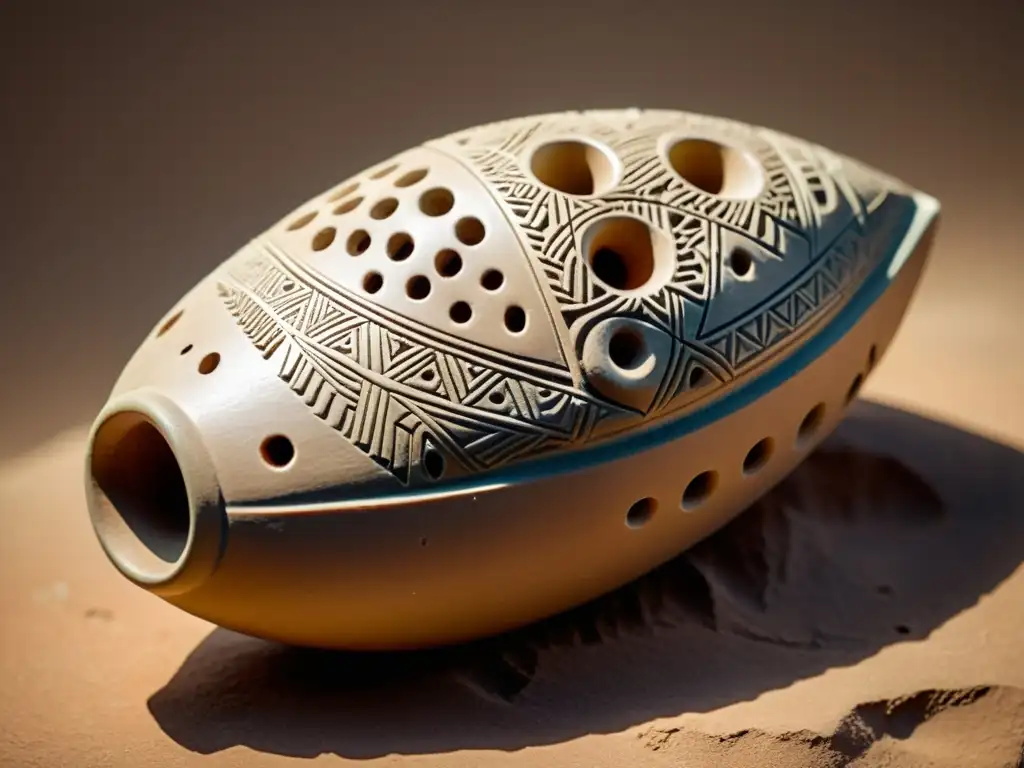 Una ocarina de arcilla mesopotámica antigua muestra intrincados detalles y artesanía