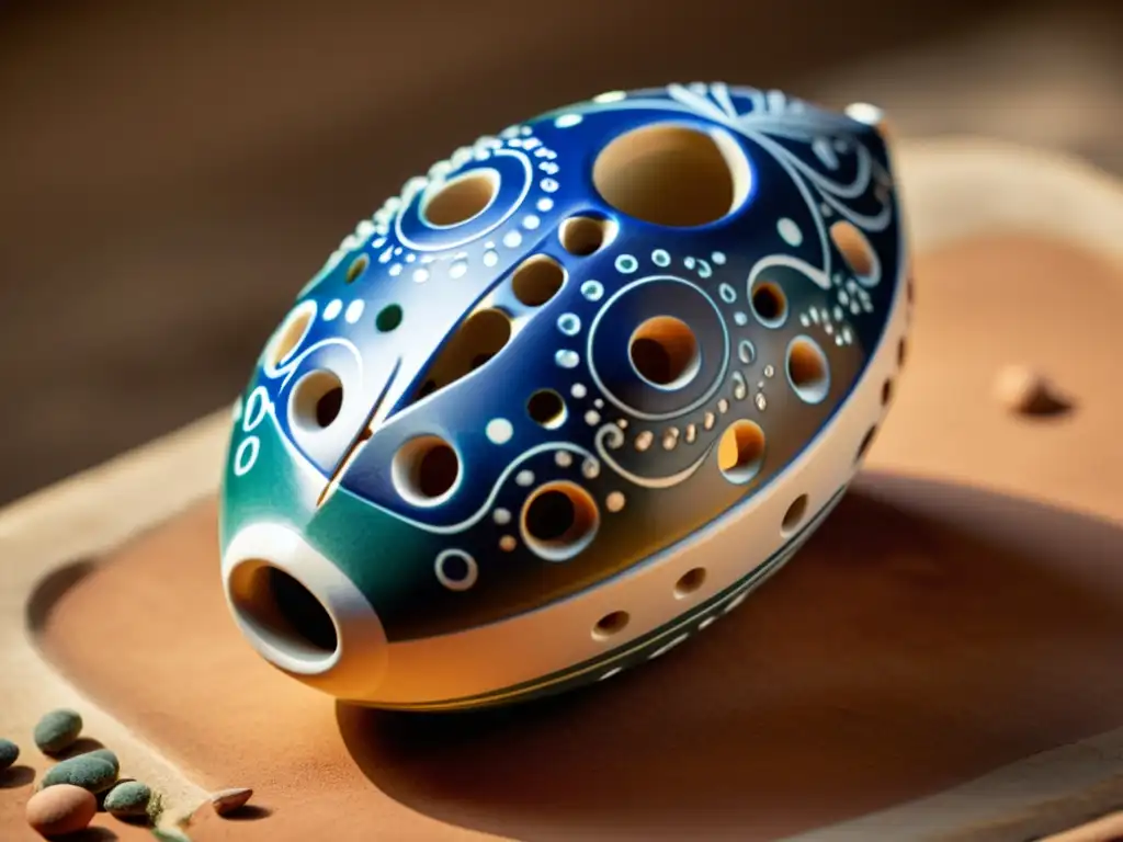 Una ocarina de cerámica tradicional con intrincados diseños pintados a mano, mostrando artesanía precisa y textura brillante