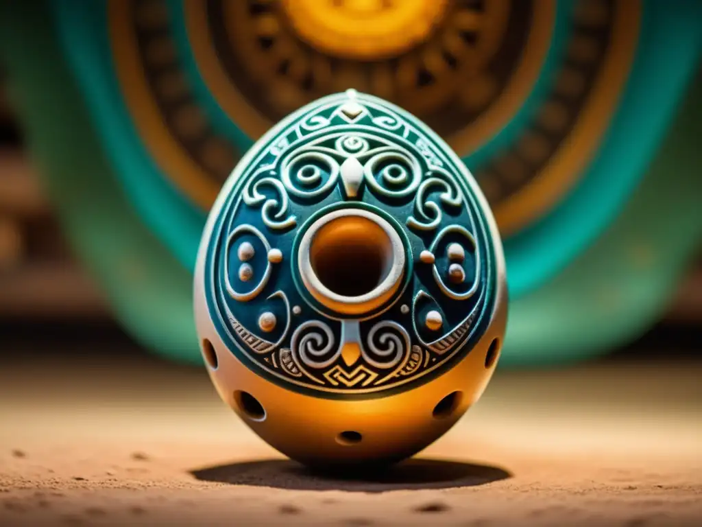 Una ocarina maya antigua de cerámica detallada en 8k, resaltando la artesanía y diseño ornamental, con símbolos y patrones mayas en el fondo